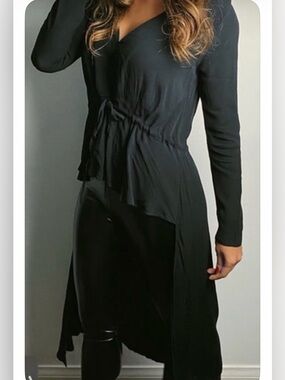 Black Long-Sleeve Blouse with Tie Waist